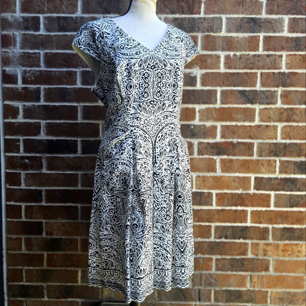 Sandra Darren Black & White Paisley Print A-Line Fit Flare Midi Dress 14